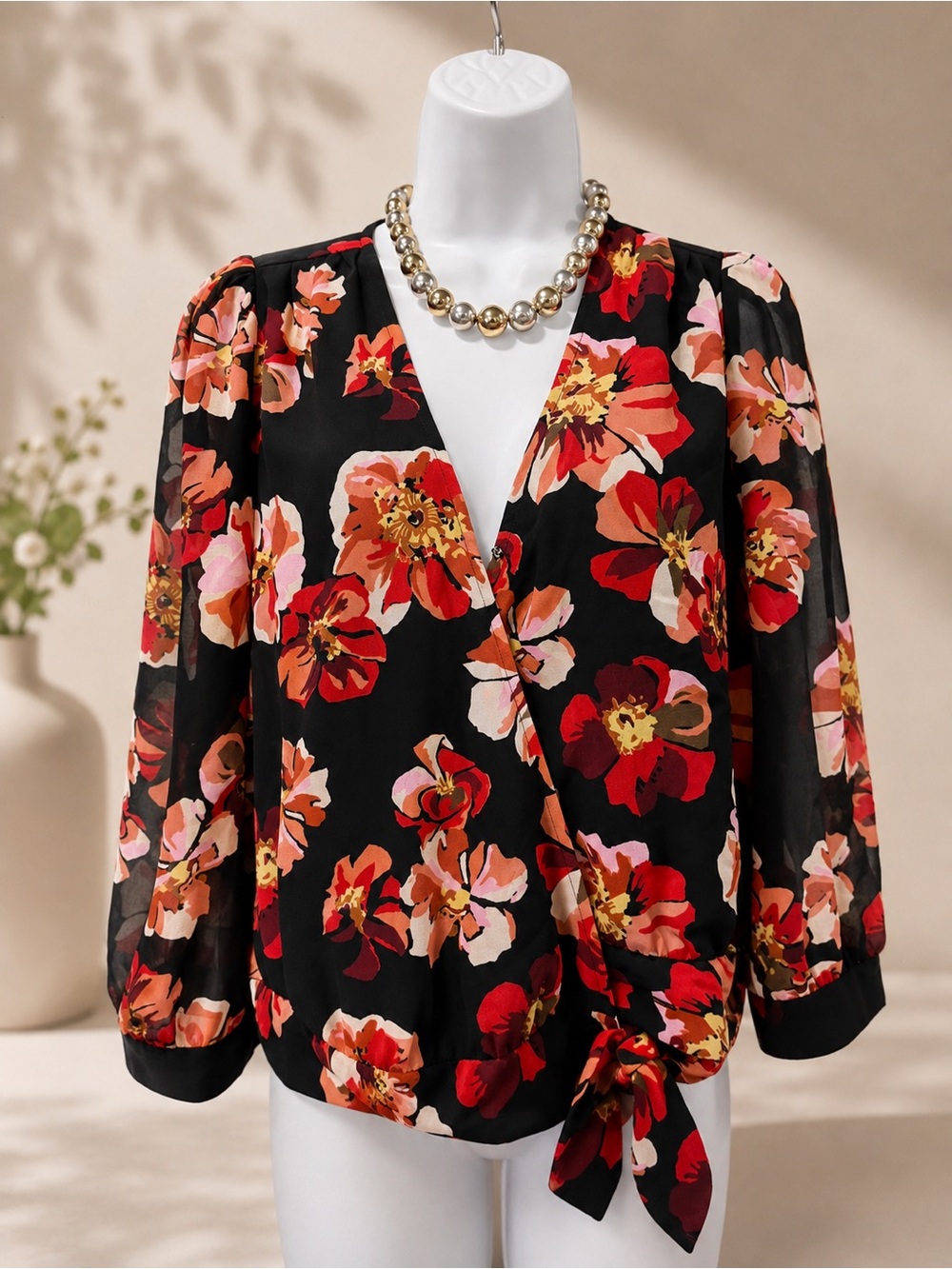 Madewell / Black Floral Wrap Blouse with Tie - Women's Top
